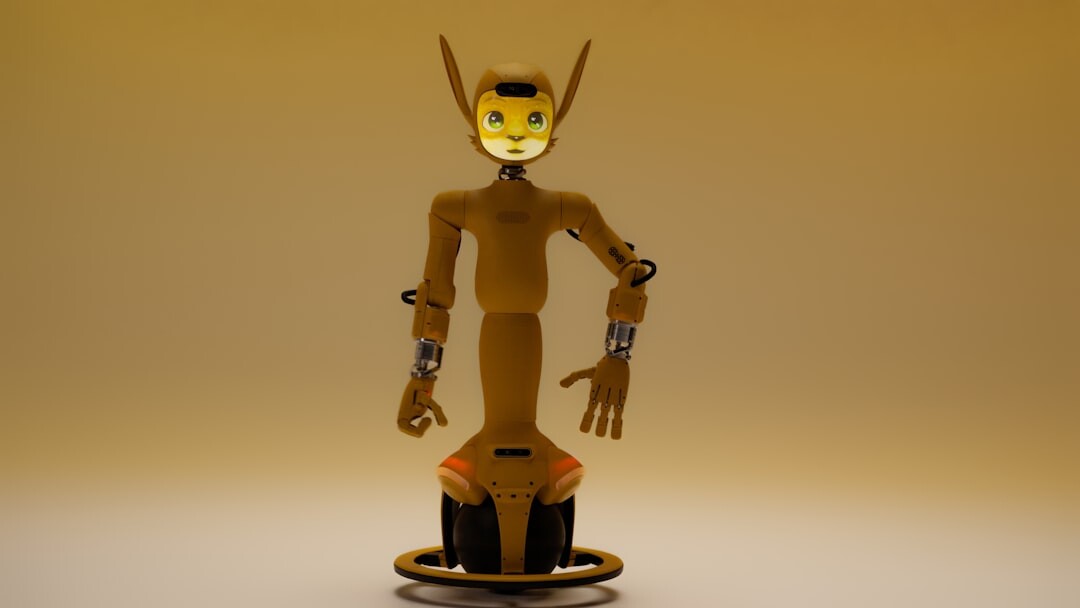 Futuristic humanoid robot with glowing eyes in dark setting